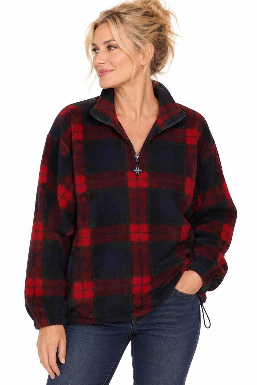 DRR DOCKERS Vintage Plaid Fleece Pullover Womens XL Quarter Zip Red Navy